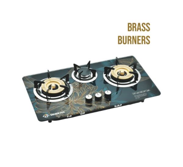 Golden Fuji #GT-3A21: A sleek built-in glass hob with 3 brass/cast iron burners, tempered glass, and automatic ignition for a modern kitchen.