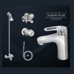 Elevate your bathroom with the SUSAN-PLUS Master Sanitary 3056A set, featuring modern fixtures like a wall shower and basin mixer. Care instructions included. Available at Total Trading Company (TTC).