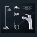 Transform your bathroom with the FLAP Master Sanitary 4002A, including a wall shower, basin waste, Muslim shower, tee cock, double bib cock, and basin mixer for modern style and durability.